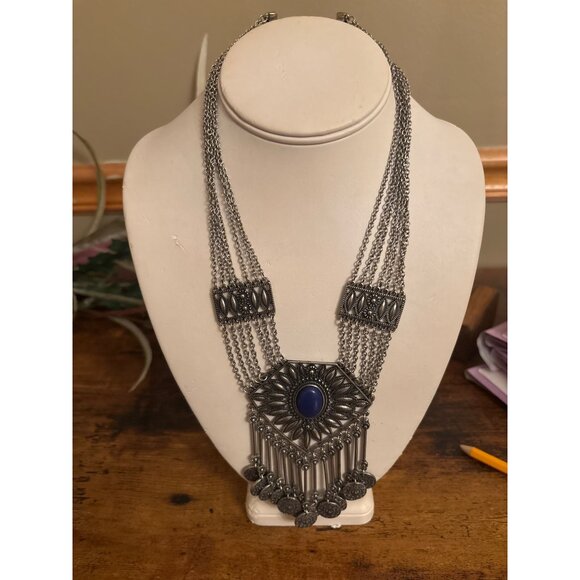 Boho Gypsy Coin Bib Necklace Bold Silver Statement With Blue Stone - Picture 3 of 16